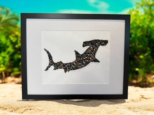 Large Hammerhead Shark – Fossilized Shark Teeth Wall Art (12” x 15”)