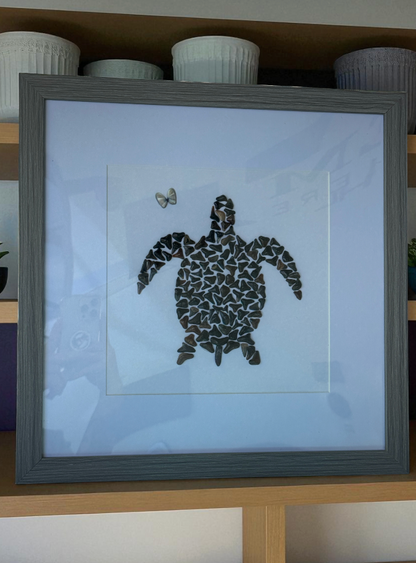 Turtle Love – Fossilized Shark Tooth Sea Turtle Wall Art | Handmade Coastal Décor (13" x 13")
