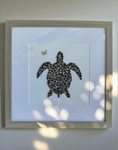 Turtle Love – Fossilized Shark Tooth Sea Turtle Wall Art | Handmade Coastal Décor (13" x 13")