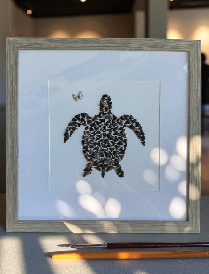 Turtle Love – Fossilized Shark Tooth Sea Turtle Wall Art | Handmade Coastal Décor (13" x 13")