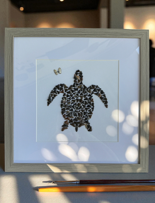 Turtle Love – Fossilized Shark Tooth Sea Turtle Wall Art | Handmade Coastal Décor (13" x 13")